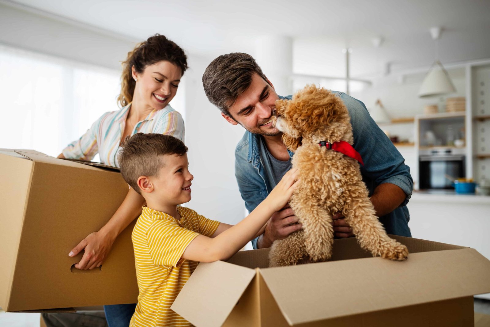 A family with a young boy and their dog enjoying a stress-free moving day, showcasing pet-friendly relocation services.